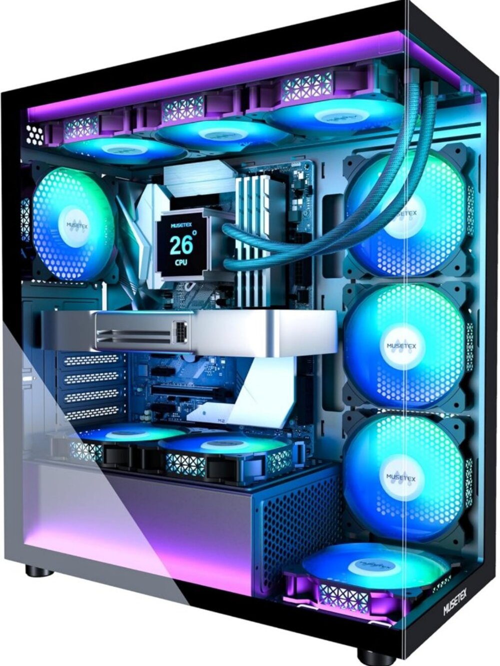 Mid Tower Gaming PC Case with 7 ARGB Fans, Type-C, Dual Tempered Glass, Black